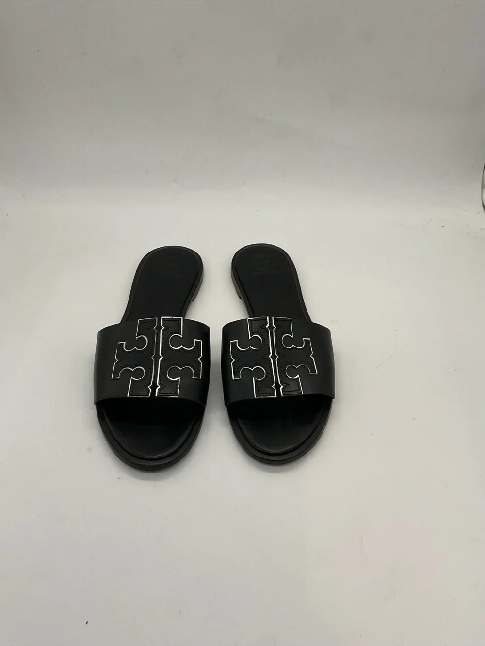Tory Burch Black Leather Slide Sandals with Contrast Logo